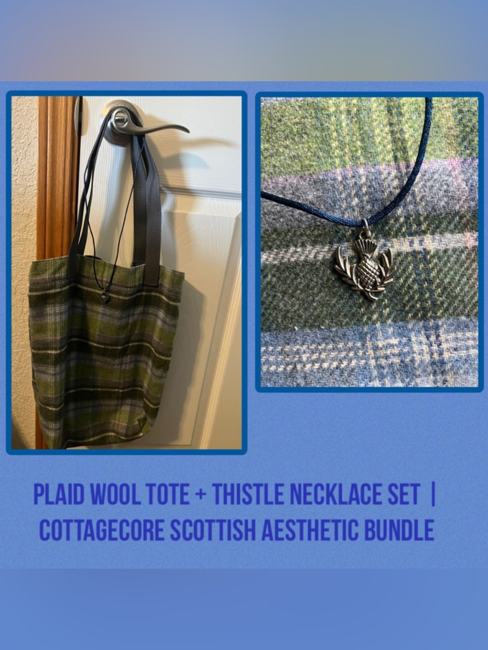 Plaid Wool Tote with Thistle Necklace - Green Plaid